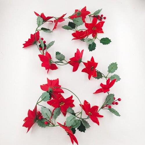 Artificial Poinsettia Red Flower Garland Home Decor Farmhouse Decoration Green Leaf Rattan For Christmas New Year