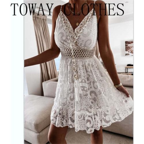 Summer Women Sleeveless Plain V Neck Fringe Lace Hem Hollow Out Cami Dress