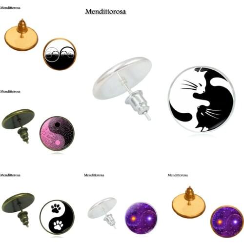 Mendittorosa Ying Yang Taichi Brand Jewelry Fashion Statement Bronze/Silver/Golden Clip Ear Hook Stud Earrings Glass Maxi
