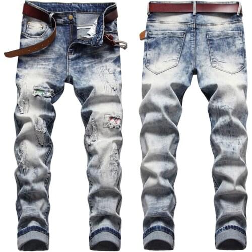 Men’s scratched denim pants slimming blue jeans ripped stitching lines decors stretch jeans high quality patched casual jeans