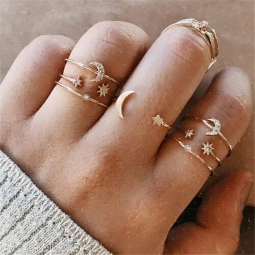 IPARAM 2020 Boho Star Moon Crystal Midi Knuckle Ring Set for Women Retro Golden Geometric Open Knuckle Ring Jewelry Wholesale