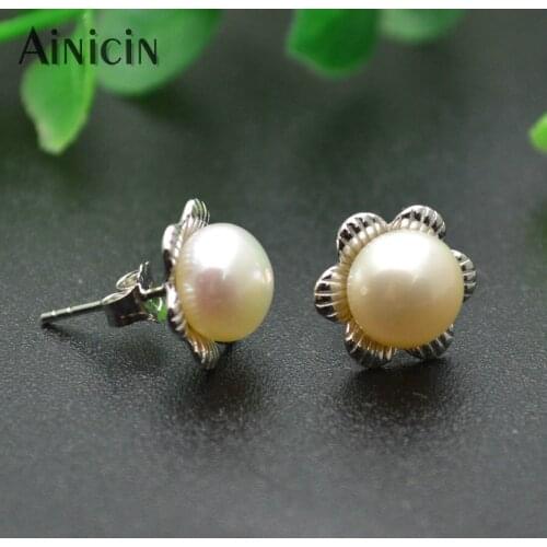 Flower Shape 8mm Nearly Round Natural Freshwater Pearl Stud Earrings S925 Sterling Silver Women Girls Earring Gift Jewelry