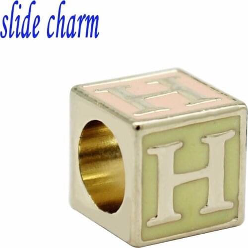 Slide charm New zinc alloy popular jewelry geometric square painted letters H charm beads fit Pandora bracelets