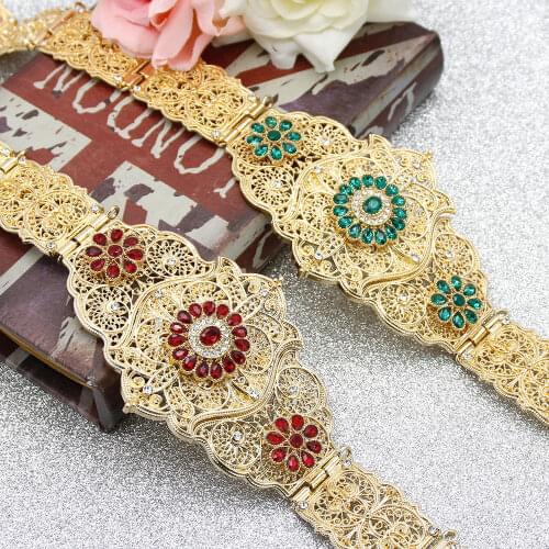 SUNSPICEMS Chic Caftan Abaya Belt Gold Color RedGreen Stone Women Wedding Kaftan Metal Waist Chain Morocco Caucasus jewelry Gift