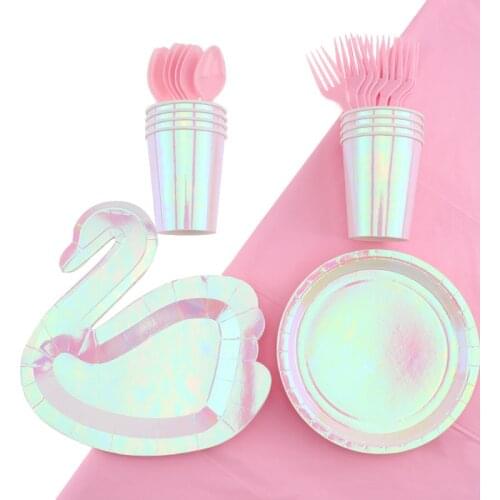 Swan Theme Party Tableware Baby Shower Birthday Party Decorations Laser Theme Plate Cup Disposable Tableware Party Supplies