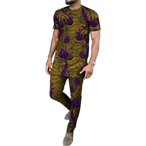 African Fashion Men Short Sleeve Tops O-neck Patch Trousers Custom Made Ankara Print Male Pant Suit