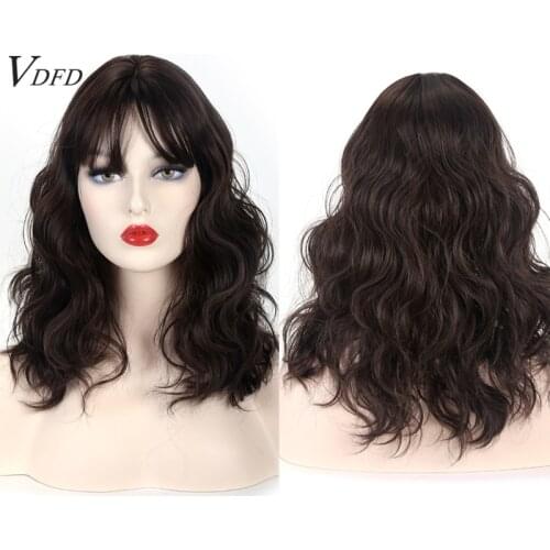 VDFD Synthetic Wig with Bangs Dark Brown Natural Loose Wave Fake Hair Curly Heat Resistant Fiber for Women