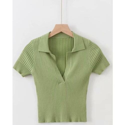 Girls Green Short Sleeve Sweater Women Summer Sexy V-neck Knit Top Pullover Cute Striped Knitwear Knitted Ladies Cropped Sweater