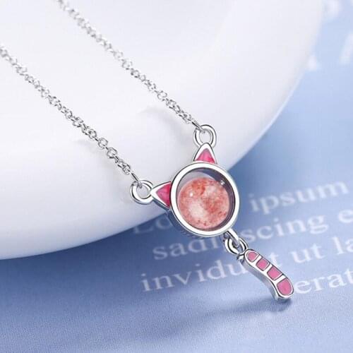 KOFSAC Cute Women Necklaces Pink Cat Crystal Jewelry Valentines Day Gifts 925 Sterling Silver Necklace Girl Party Accessories