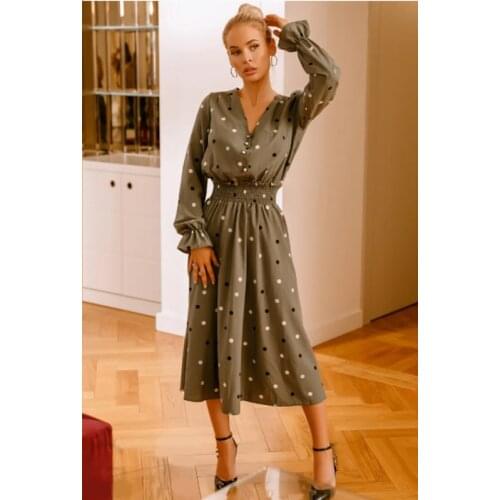 Women Boho Dot Printed Midi Dress V-neck Flare Sleeve Front Button Vintage Women Dress Autumn Spring Trendy Party Elegant Dress