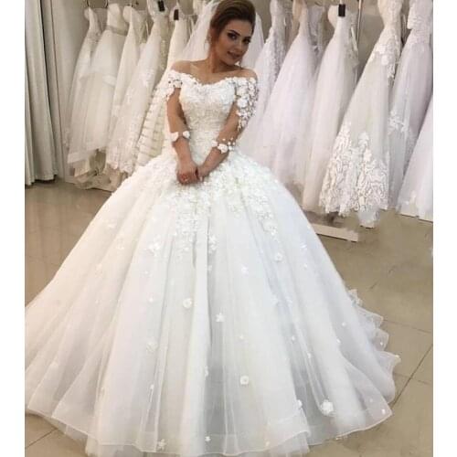 3D Floral Ball Gown Wedding Dresses 2019 3/4 Sleeves African Vestido De Novia Puffy Princess Bridal Gown Customize Size