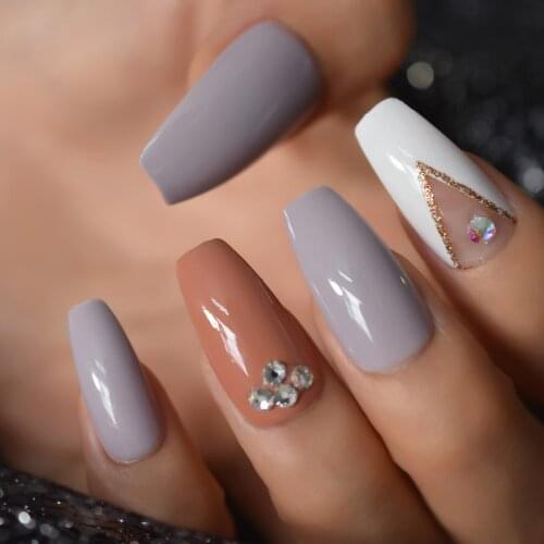 28pcs Long Coffin Nails Fake Press On Nails UV Gel Solid Color French Multi-designs Ballerina False Nail Art With Rhinestone