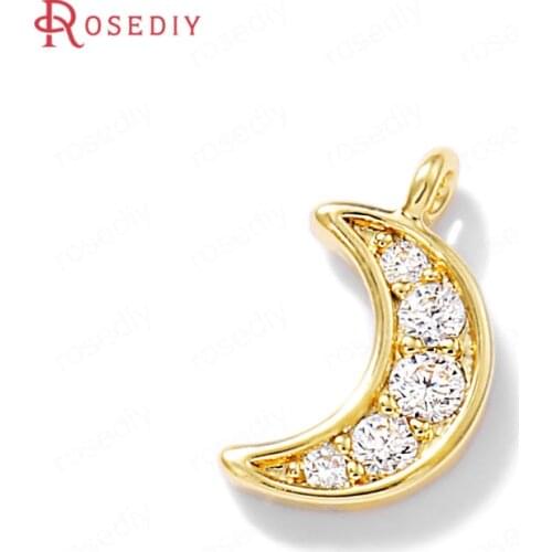 38684)6PCS 5x9MM 24K Gold Color Brass and Zircon Moon Charms Pendants High Quality Jewelry Making Supplies Diy Accessories