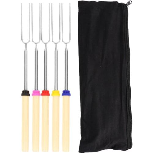 5pcs Wooden Handle BBQ Forks Stainless Steel Telescopic Camping Barbecue Sticks Food Fork Portable Outdoor Barbecue Tool