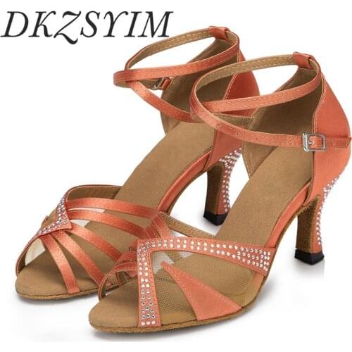 DKZSYIM Rhinestone Latin Dance Shoes For Women Satin Ballroom Dance Shoes Shining Female Salsa Dance Shoes Hells 6-10CM Wholesal