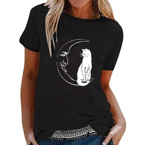 Short Sleeve T-shirt Innovative Ladies Cat Print Top Creative Moon Cat Print Womens Loose Casual Letter Short Sleeve T-Shirt