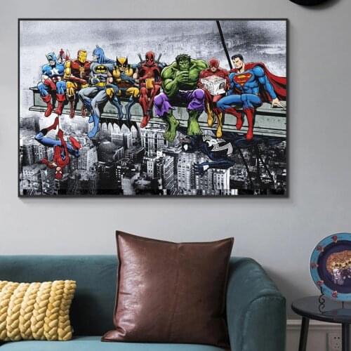 Marvel Superheroes Lunch Atop A Skyscrape Canvas Painting Abstract Graffiti Art Poster and Print Wall Art Picture for Home Decor