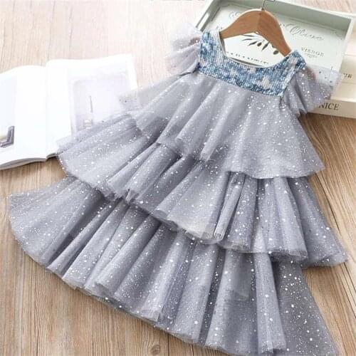 New Summer Sequined 3 Layers Girls Dress Flower Girls Wedding Evening Children Clothes Birthday Party Kids Dresses for Girls