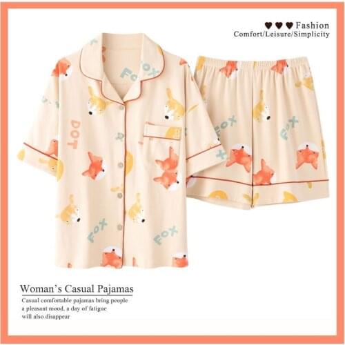 Japanese Pajamas for Women Summer Cotton Pyjamas Cherry Print Kawaii Pijamas Plus Size Sleepwear Cute Two Piece Sets Home Wear