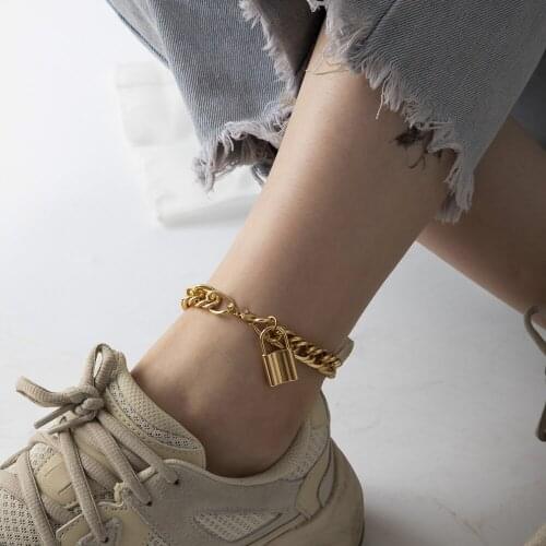 Beach Hip Hop Lock Pendant Anklet for Women Gold Silver Color Cuban Chain Punk Ankle Bracelet on Leg Foot Bracelets Boho Jewelry