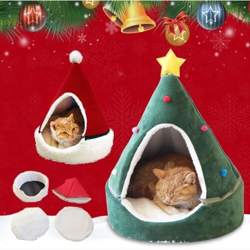 Christmas Dog Cat Bed House Christmas Tree Shape Pet Cat Home Warm Sleeping Nest Dog Cat Soft Warm Removable Kennel Pet Supplies