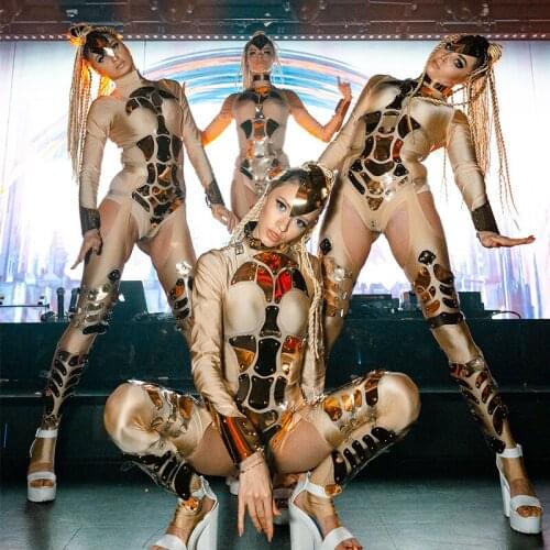 Sexy party girl dance jumpsuit Gold mirror bodysuit burning man festival stage singer gogo dancer costume