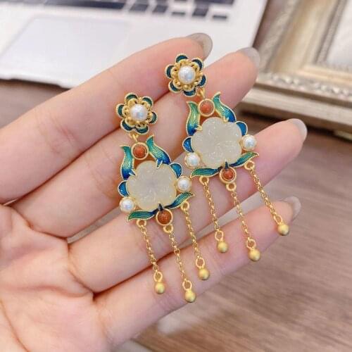 Retro Style S925 Sterling Silver Gold-Plated Design Inlaid Natural Hetian Jade Flower Earrings Roasted Blue Accessories Pearl