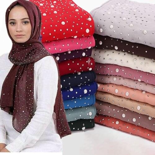 10Pc New Womens Bubbles Chiffon Scarf With Diamond Studs Pearls Scarf Plain Hijab Shawls Wraps Solid Color Muslim Hijab Scarf