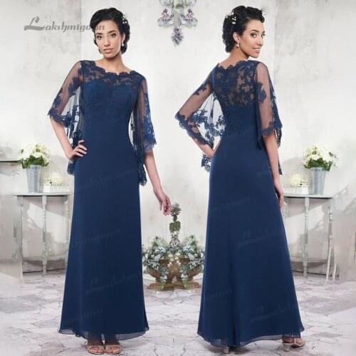 Dark Navy Chiffon A Line Mother of the Bride Dresses Bat Half Sleeves Floor Length Long Evening Gowns Elegant Lace Mother Dress
