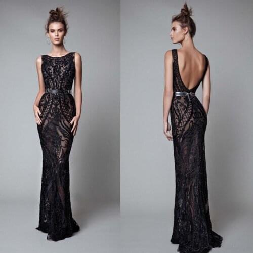 Beading Backless Evening Dresses Black Full Lace Mermaid Prom Gowns Floor Length Formal Dress Custom Made