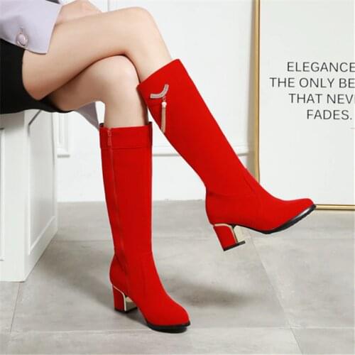 2020 Fashion High Heels Long Boots Women Flock Round Ladies Knee High Boots Shoes Woman Winter Faux Suede Black Red Boots 33-43