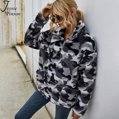 Jessie Vinson Turn-down Collar Camouflage Fleece Hoodie Sweatshirt Women Casual Loose Front Pocket Warm Plaid Sweatshirt Winter
