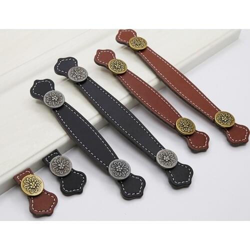 1pc Leather Handle Antique Bronze/silver Flower Head Pull Single/Double Hole Belt Knob w/screw Vintage Decor Black/Orange 3 size