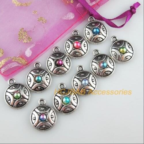 10Pcs Tibetan Silver Tone Round Mixed Acrylic Flower Charms Pendants 16x20mm