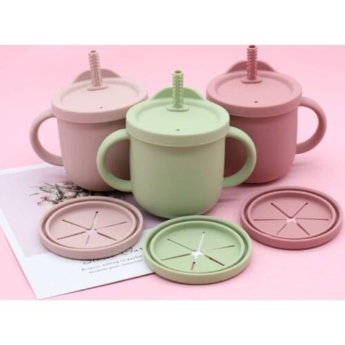 300ml Portable Baby Silicone Snack Cup Infants Feeding Food Bowl with Double Handle No Spill Snack Container Straw Water Bottle