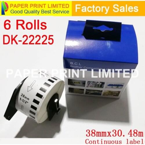 6 Rolls Compatible DK-22225 dk22225 dk 22225 Label 38mm*30.48M Continuous All Come With Plastic Holder