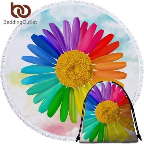 BeddingOutlet 3D Flower Large Round Beach Towel for Adults Rainbow Colors Floral Blanket Microfiber Yoga Mat 150cm Tassel Toalla