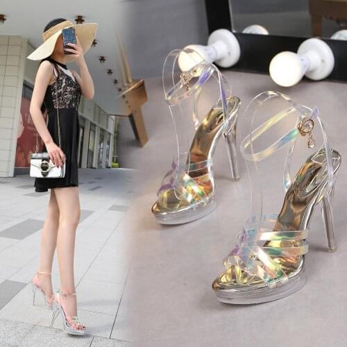 Female Wedding Shoes Summer Stained-glass Rubber Sandals Women High Heels 12CM Sandals Nightclub Platform Steel Pipe Shoes