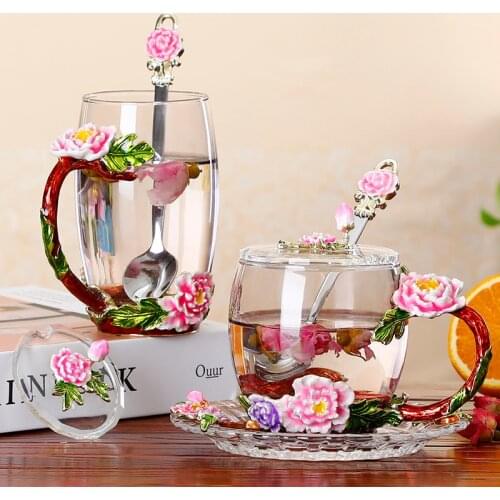 Enamel color glass coffee cup saucer set peony flower tea cup European-style Heat-resistant glass tea cup home water mugs