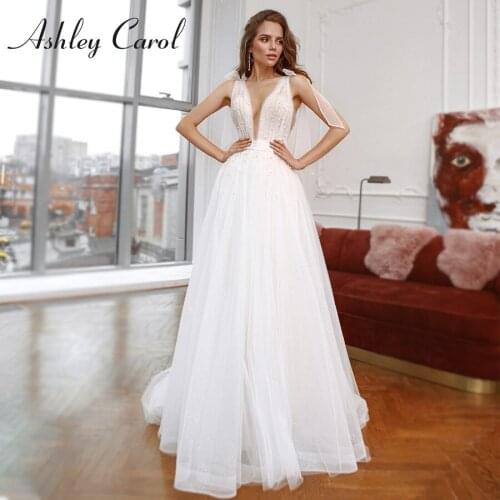 Ashley Carol A-Line Wedding Dress 2021 Beach Backless Beaded Tulle Bride Dresses Sexy V Neckline Sleeveless Bohemian Bridal Gown
