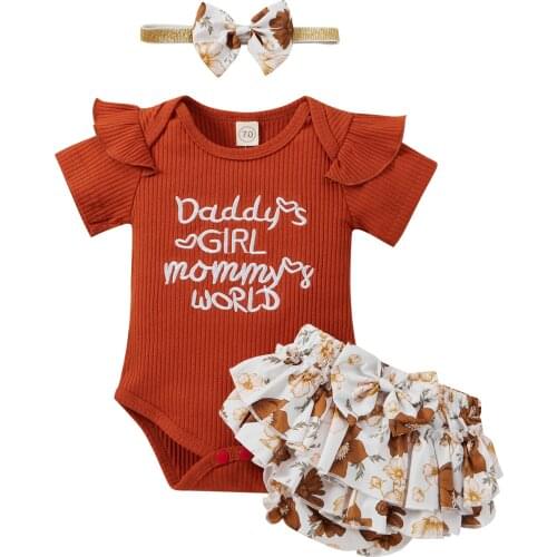 3Pcs Baby Girls Clothes Outfit Sweet Summer Fly Sleeve Round Collar Letter Romper + Floral Printed Lace Shorts + Bow Headwear