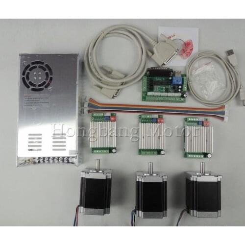 CNC Router Kit 3 Axis, 3pcs TB6600 4.5A stepper motor driver +3pcs Nema23 270 Oz-in motor+5 axis interface board+power supply