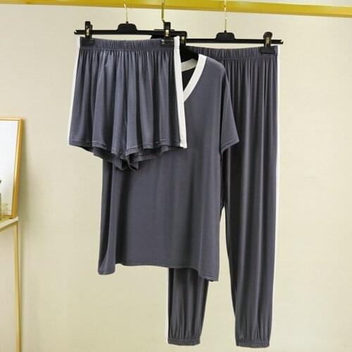 Modal Casual Shirt + Pant + Shorts 3 Pieces Set New Spring Fall Pajamas Women V Neck Loose Summer Pyjamas Female Lounge Pijama