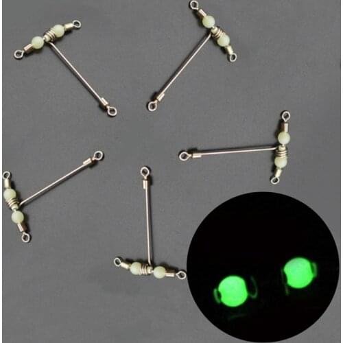 Hot 5Pcs Luminous T-shape 3 Way Cross-line Rolling Swivel with Pearl Beads Fishing Swivels Fishhooks Fishing Hooks Connector