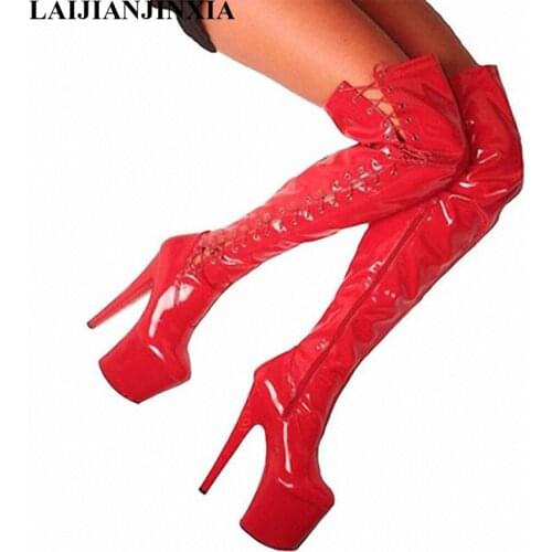 New 15cm Sexy red bride wedding shoes, temptation ribbon with knee-high boots, sexy appeal lap dancing shoes