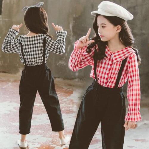 Clothes For Girls Spring Autumn Red lattice Shirts + Overalls Sets Kids Clothes Girls Kids Outfits For 6 7 8 9 10 11 12 Year