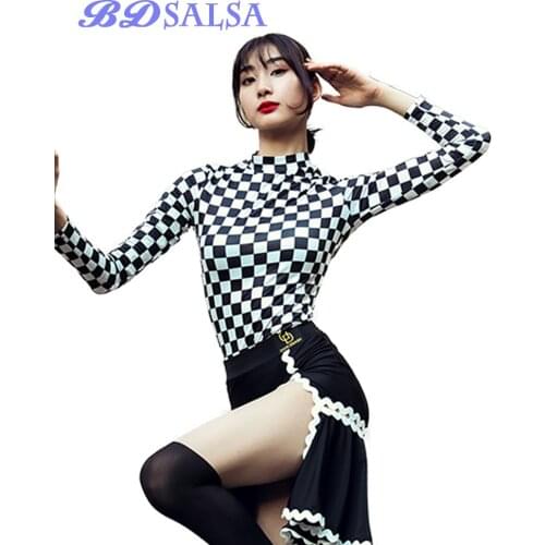 Top Latin Dance Cloth Practice Clothes Dance Black Red TOPS Female Modern Dance Shirt ZD100 Round Neck Training HOT Lattice