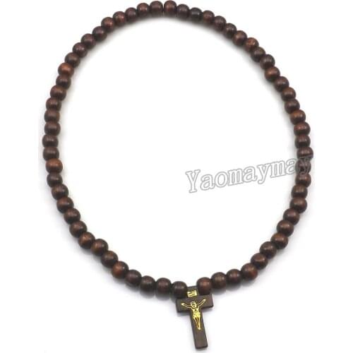 INRI Jesus Cross Pendant 26" Coffee Color Elastic Wood Necklace For Christmas and Easter 20pcs/lot