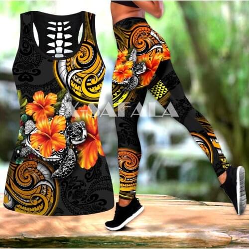 Pohnpei Polynesian Tattoo Turtle Two Piece Yoga Set Women 3D Print Hollow Out Tank Top High Waist Legging Summer Casual Sport-9