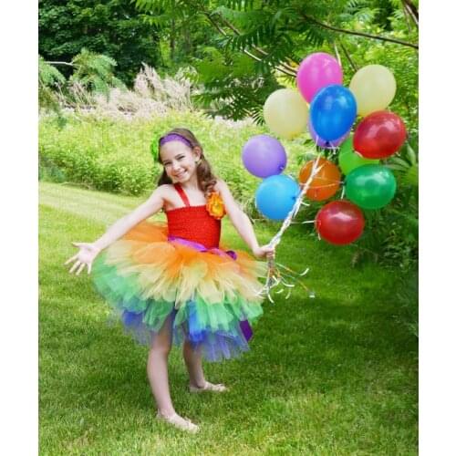 Girls Rainbow Color 3Layers Cake Tutu Dresses Baby Crochet Tulle Tutus with Straps and Flower Headband Kids Birthday Party Dress